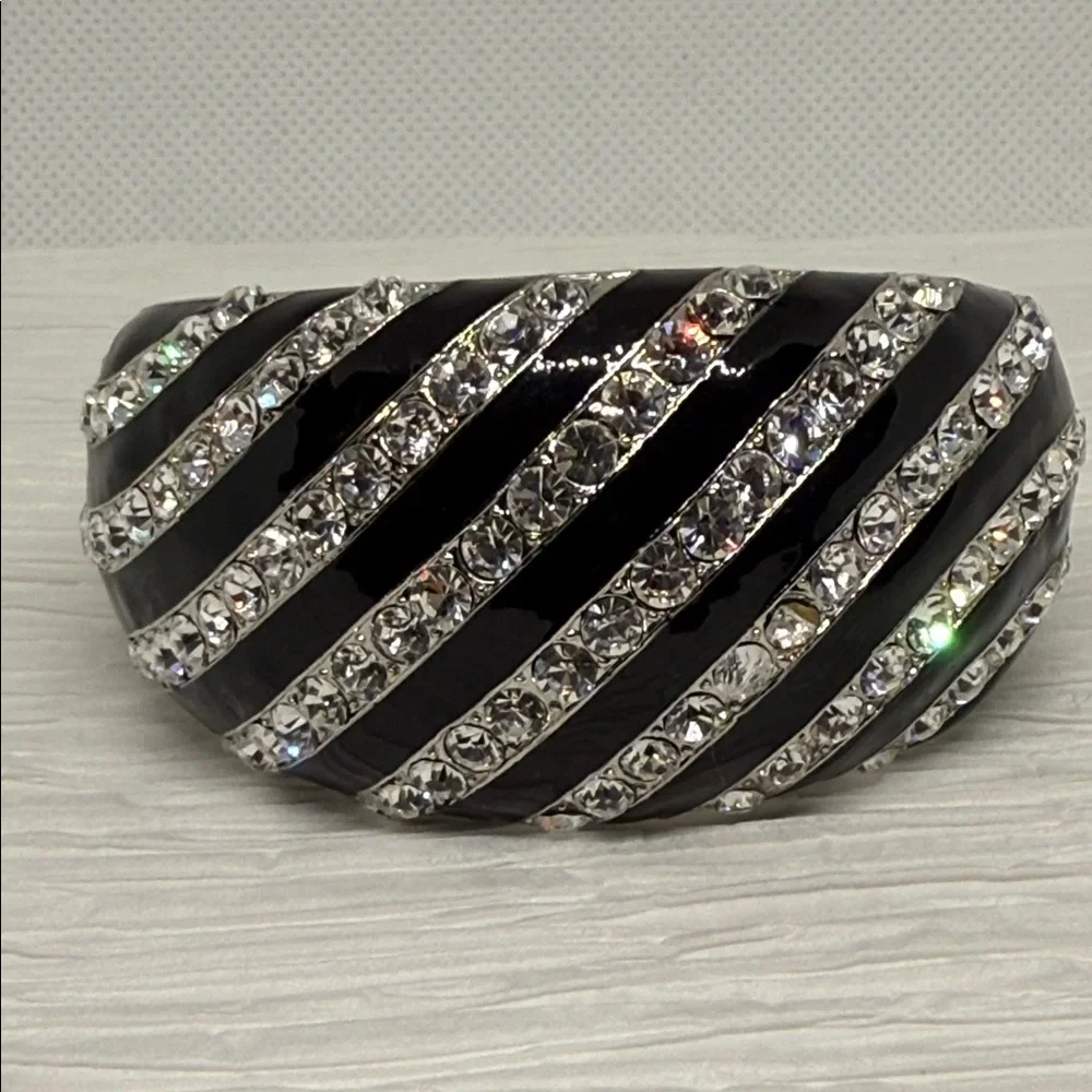Vintage gorgeous wide Black enamel pave rhinestone Bracelet art deco disco glam